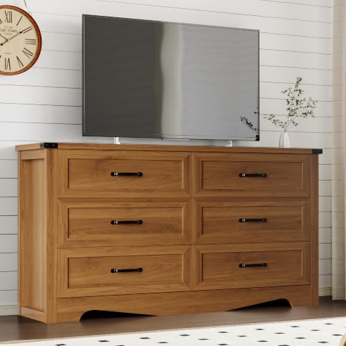 Image of BORNOON 6-Drawer Dresser for Bedroom, Modern Wooden Chest of Drawers with Metal Handles, Anti-Tipping Design, Sturdy and Stable Storage Organizer for Living Room, Entryway, Home Office
