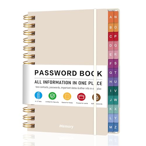 Spiral Password Book with Alphabetical Tabs - 5.8' X 8.2' Small Password Keeper Book with Inner Pocket for Seniors , Large Print, Hardcover, 450 Logins – Internet Password Organizer Notebook for Home & Office Use