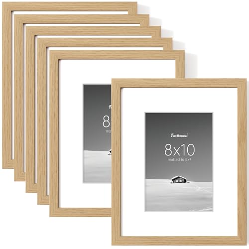 Fun Memories 8x10 Picture Frame Set of 6, Display Pictures 5x7 with Mat or 8x10 Without Mat, 8 x 10 Frame for Photos, Posters & Art Prints, Gallery Photo Frames for Wall & Tabletop Display, Natural
