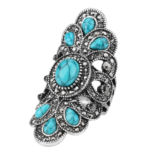 Bague Vintage En Forme De Feuille De Fleur Turquoise Pour Femmes Et Filles, Plaqué Argent Oxydé Noir Cz Boho En Filigrane, Large Bande, Confortable, Bijoux...