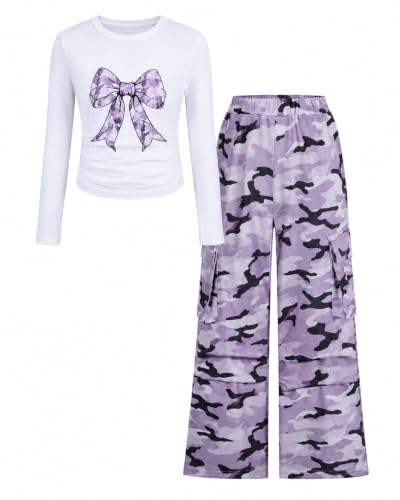 Image of Tween Girls Clothes 2 Piece Outfit Long Sleeve Top + Cargo Pants Fall Winter Clothing Set, Sizes 7-15 Years