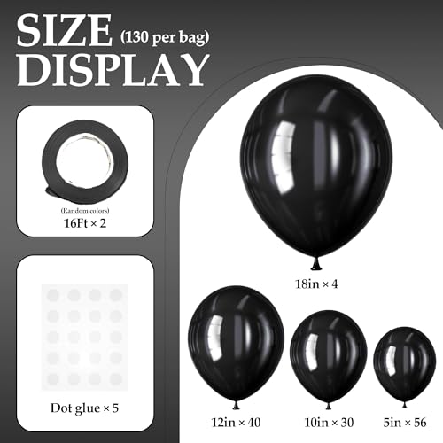 130PCS Black Balloons, Latex Balloons Different Sizes 18/12/10/5 Inch, Helium Balloons with Ribbon, Party Balloon Set for Birthday Wedding Graduation Anniversary Baby Shower Decorations. - Image 3