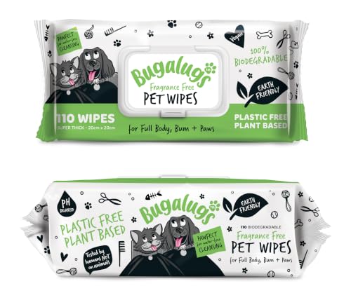 BUGALUGS Dog Wipes 100% Plastic Free Biodegradable pet Wipes for Full Body Eye Wipes Ear Wipes Bum & Paws. 110 Sensitive Dog Grooming Wipes for Dogs Puppy & cat Grooming (Fragrance Free)