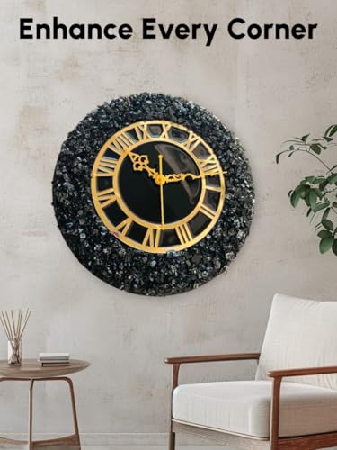 Image of Handmade Resin Wall Clock with Roman Numerals - Luxury Marble Effect Designer Wall Clock with Gold Finish, Silent Quartz Movement, Modern Home & Office Decor (Black)
