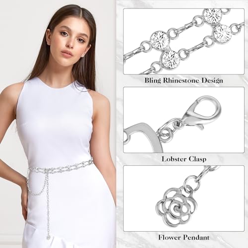 Women Rhinestone Chain Belt, Crystal Body Link Belt Metal Dress Belt Adjustable Skinny Waist Chain Belt for Dress3