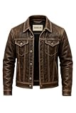 RABCHI Men’s Distressed Brown Lambskin Leather Trucker Jacket – Vintage Denim Style Moto Coat (US, Alpha, Large, Regular, Regular, dark brown distressed denim jacket)