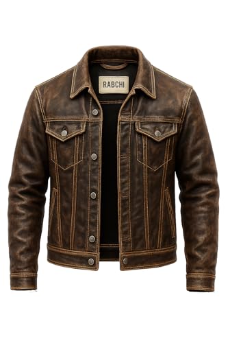RABCHI Men’s Distressed Brown Lambskin Leather Trucker Jacket – Vintage