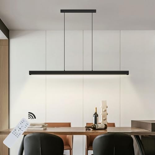 Lámpara Colgante Moderna Regulable con Control Remoto, lámpara de techo colgante de Metal Madera, Altura Adjustable lampara comedor negro 36W Lineal lampara colgante techo para Comedor cocina, L100cm