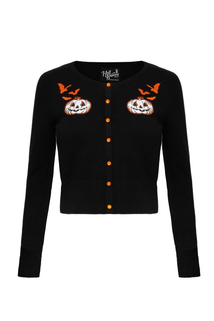Hell Bunny Hollow Cardigan - Gothic Halloween Knit with Pumpkin & Bats Design, Black, L
