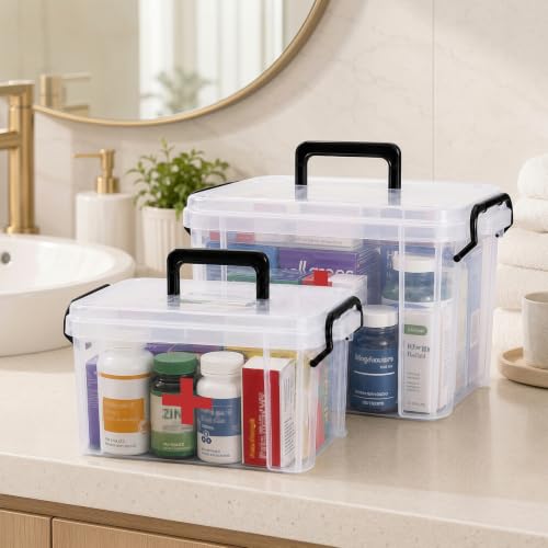 Image of 2 Pack Clear Medicine Organizer Box with Handle, Plastic Medicine Container with Tray Empty First Aid Box Empty, Thickened Medicine Storage Organizer Multipurpose Medication Organizer Storage, Clear