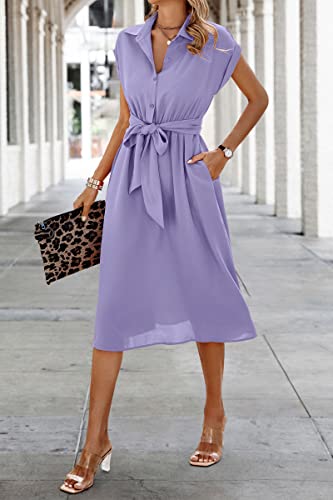 Image of ECOWISH Womens Casual Midi Dresses Solid V Neck Short Sleeve Button Shirt Belted Dress with Pockets for Spring Summer 2026