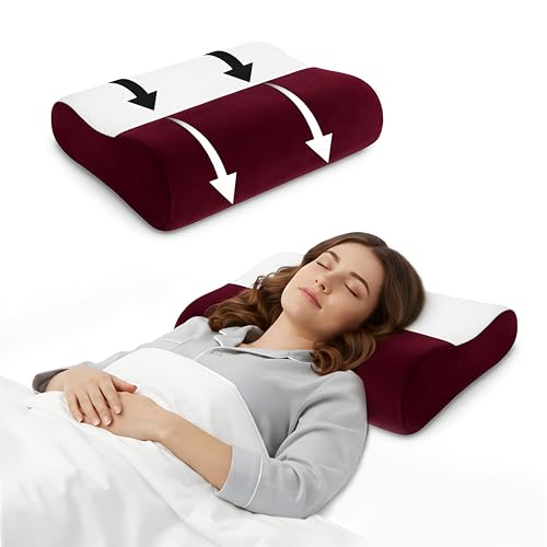 Image of Contour Cervical Pillow, Memory Foam Neck Support for Sleeping, 220 GSM Jacquard /Velvet Cover, 48x30x9 cm, Maroon & White Ergonomic Design, Orthopedic Spine Alignment Cushion, Bedding