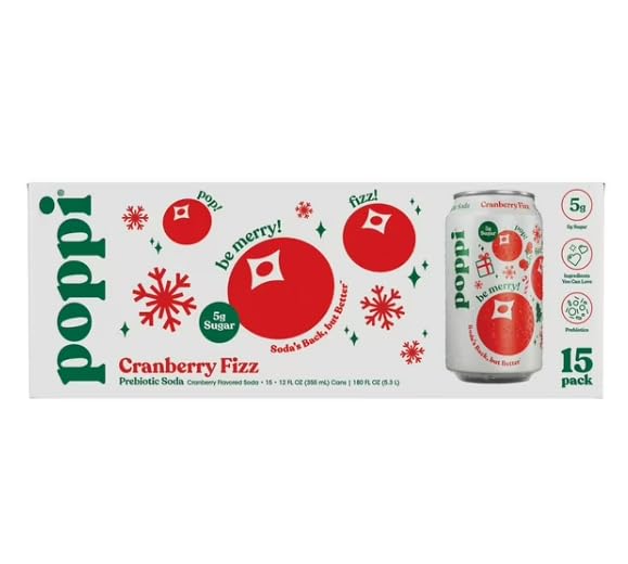 Sparkling Prebiotic Soda Beverage with Apple Cider Vinegar, Seltzer Water and Fruit Juice, Cranberry Fizz Flavor, 12 Fl Oz, Pack of 15, Packaging May Vary