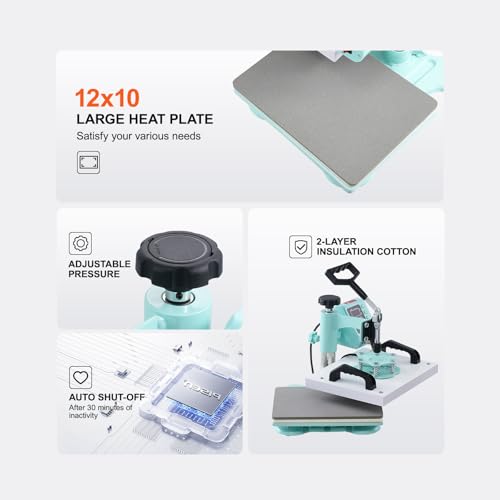 Image of VEVOR Heat Press, 12 x 10inch Heat Press Machine, 360 Swing Away T-Shirt Pressing Machine, Fast and Even Heating, Digital Precise Control, Heat Transfer Machine for T-Shirts /Pillows /Bags, Green