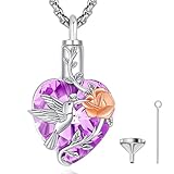 EUDORA Harmony Ball 925 Sterling Silver Urn Necklace for Ashes, Amethyst Heart Urn Necklaces for Women, Hummingbird Cremation Pendant Locket Keepsake Jewelry Gift for Mom, 22'