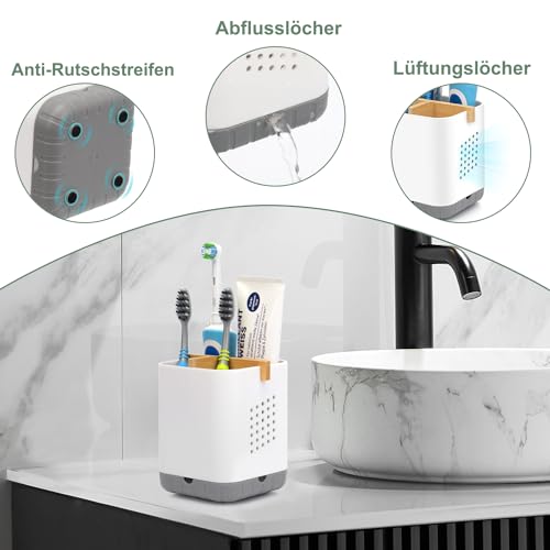 BYUNER Bambus Zahnbürstenhalter Elektrische Zahnbürste, Toothbrush Holder, Deco Badezimmer Organizer, Bathroom Organizer, Bad Zahnputzbecher Abnehmbarer Zahnbürstenhalterung mit Abflussloch（Grau/Weiß） 4