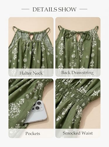 Image of BLENCOT Womens Summer Beach Halter Neck Dresses Casual Smocked A Line Floral Mini Dress with Pockets