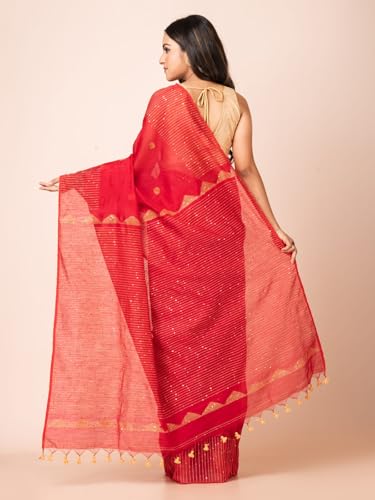 Image of Handloom Muslin Tissue Jamdani Cotton Silk Saree with Sequins Blouse