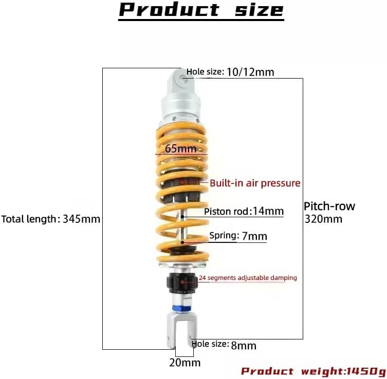 Generic Yellow 360mm Motorcycle Shock Absorber, Oil/Gas Cylinder, Rear Suspension for Honda, Kawasaki, Suzuki, Yamaha