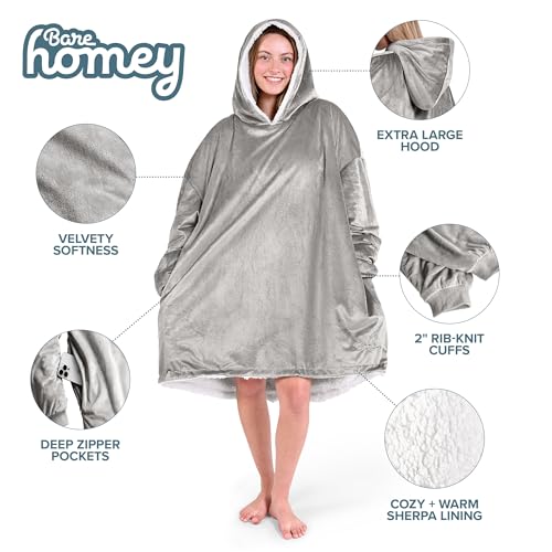 Image of Bare Home Wearable Blanket Hoodie - Soft Plush Sherpa - Warm and Cozy - Oversized Wearable Blanket
