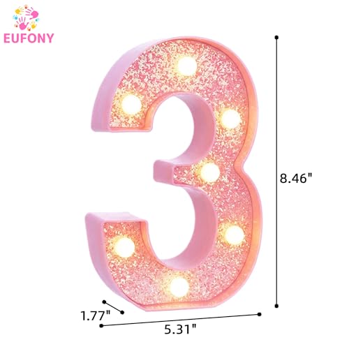 Image of Pink Light Up Marquee Numbers, Glitter LED Number Lights Signs Battery Operated for Girls 3rd 13th 23rd Pink Birthday Party Table Decorations, 8 Inch Tall Number 3 with Warm White Lights