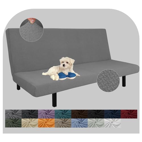 JIVINER Super Stretch Futon Cover Spandex Jacquard Futon Slip Cover Full Size Soft Armless Sofa Bed Slip Covers for Futon Mattress with Elastic Bands (Futon, Light Gray)