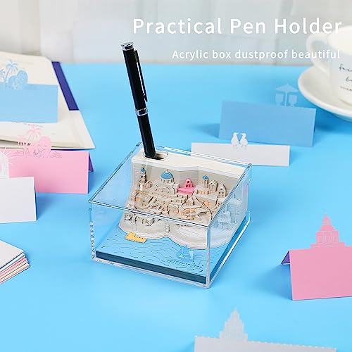 Cadeau créatif bloc-notes 3D Santorin avec porte-stylo silhouette et lumière