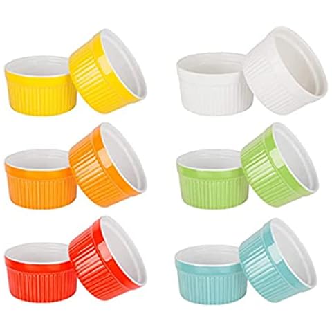 VINILITE Ceramic Ramekins Soufflé Dishes Set of 12, 3.54" 6OZ Oven Safe Porcelain Baking Cups Bowl for Kitchen Cooking Creme Brulee, Pudding, Desserts, Ice Cream, Colorful Cover
