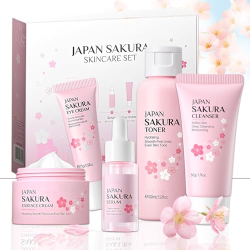 Japan Sakura Skincare Set,Sakura Gesichtspflege Geschenke Set mit Toner,Reinigungsmittel,Essenz,Gesichtscreme & Augencreme,Sakura Gesichtspflege Set für Mädchen Frauen Gesicht Reinigung