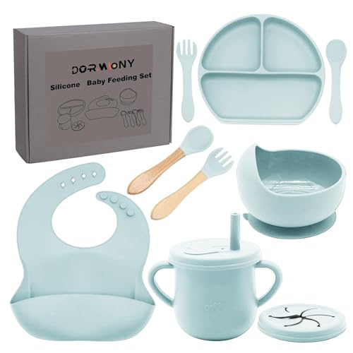 Image of Dormlony 100% Silicone Baby Feeding Set,BPA Free Baby Dishes Set with Suction Bowl Divided Plate,Toddler Self Feeding Dish Set with Spoons Forks Sippy Cup and Bib, Baby Eating Utensils(Light Blue)