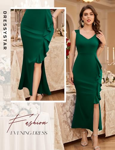Image of Dressystar 2026 Women's V Neck Bodycon Mermaid Formal Evening Maxi Dress | Summer Wedding Guest,Cocktail Dresses for Women,Long Gown,Mermaid Split Ruffle Design ,Sleeveless,comfort and medium stretch