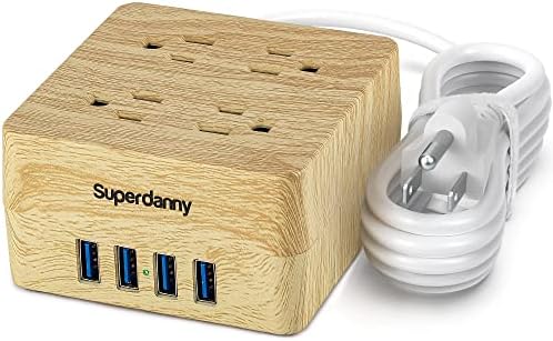 USB Power Strip Surge Protector - SUPERDANNY Desktop Extension Cord with 4 Widely Spaced Outlets & 4 Smart USB Ports, Portable Charging Station for Home, Office, Hotel, Dorm, RV, Faux Wood Grain