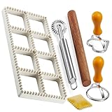 MUMSUNG Ravioli Maker Press, Ravioli Stamp Maker - Heart Round Squares Ravioli Stamp Maker Cutter with Wood Rolling Pin and Ravioli Wheel, Ravioli Stamp Pasta Making Tools | Makes 8 Ravioli, 1.85'
