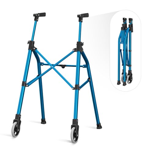 Nihhcune 超軽量 ローラーウォーカー 高齢者用 7段階高さ調節ハンドル 片手折りたたみ式ローリングウォーカー ポータブル2輪スタンディングウォーカー 省スペース移動 取付不要 ブルー