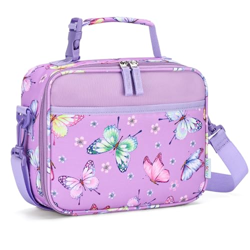 VASCHY Bolsa Térmica Porta Alimentos Infantil 5 L con Correa Desmontable, 26×9×22 cm, Bolsa de Almuerzo Reutilizable para Guardería, Colegio y Picnic, Diseño Mariposa Lila