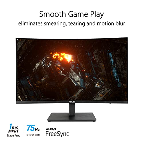 Asus 27” 1080P Curved Monitor (Va27Vqse) - Full Hd, 75Hz, 1Ms, Adaptive-Sync/Freesync, Low Blue Light, Flicker Free, Vesa Mountable, Frameless, Hdmi, Displayport, Hdr-10, Height Adjustable #TOP3