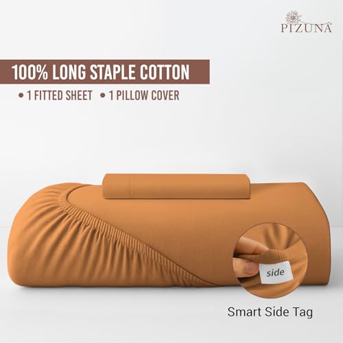 Image of Pizuna 100% Cotton Fitted Bedsheet Single Bed 400 Thread Count Long Staple Cotton Sateen Fitted Bedsheet 40x78 Inch with 1 Pillow Cover, Apricot Orange Elastic Fitted Bedsheets Single Bed fits 12 Inch