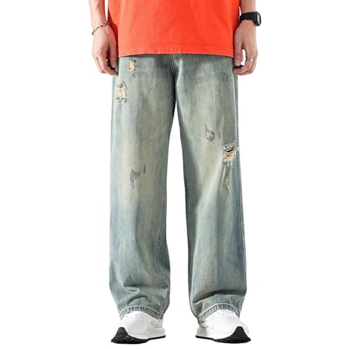 Baggy Wide-Leg Jeans for Men Ripped Straight Casual Loose Fit Distressed Plus Size Denim Pants with Pockets