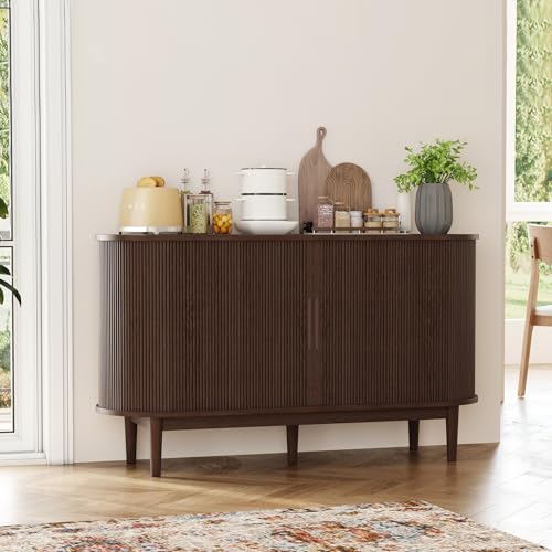 LINSY HOME Sideboard Buffet Cabinet with Storage, 55" Fluted Coffee Bar Cabinet with Tambour Sliding Doors and Drawer, Mid Century Modern Wood Storage Buffet Table for Kitchen, Living Room, Walnut - Image 3
