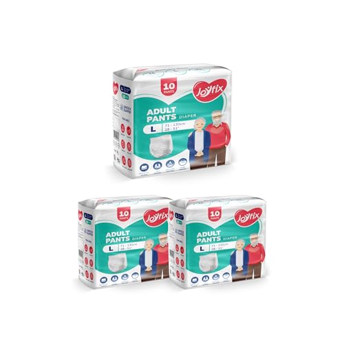 Image of JOYFIX Adult Diapers | Pant Style | Waist Size 71-130 cm (28 inch-51 inch) | Large | Pack of 3 | Odour lock | Anti-Bacterial Absorbent - L (30 Pieces)