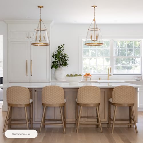Image of Nathan James Rikki Seagrass Bar Stool with Back, 4-Pack Boucle Counter Stool with Upholstered Seat, Solid Wood Frame, and Woven Seagrass Backrest