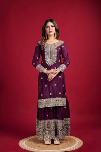 Image of Women's Embroiderd Chinnon Fabric Sharara Top and Dupatta for Women Purple wedding salwar suit readymade