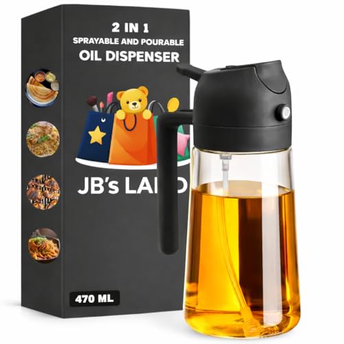 JB'S LAND Cooking Oil Sprayer Bottle 2 in 1 Oil Dispenser and Sprayer 470ml Glass Non Drip Leak Proof Fine Mist Olive Oil Spray for Kitchen Air Fryer BBQ Salad