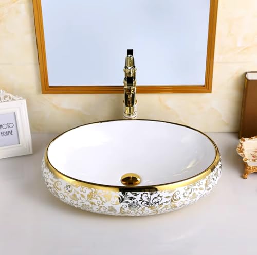 Image of LUXART Oval Ceramic Vessel Sink, White with Gold Floral Pattern Art Design, 24x16x6 Inch Tabletop Wash Basin for Bathroom, Vanity & Hotel (Glossy)