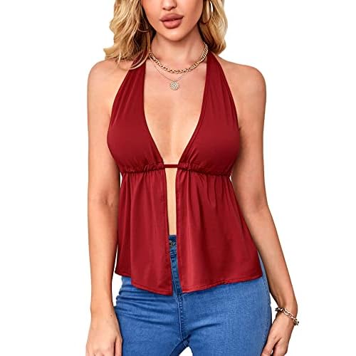 VIDUSSA Women's Sexy Halter Tops Backless Club & Night Out Crop Tank Top Shirt Large White