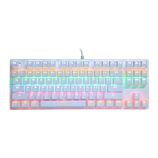 Teclado Mecánico Gaming de 87 Teclas, Teclado Mecanico Switch Blue con Cable USB, 7 Modos Retroiluminados LED RGB, Teclado Mecanico Numerico Adecuado para PC, Computadora, Computadora Portátil, Blanco