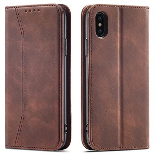 OKZone Kompatibel mit iPhone XS Max (6,5 Zoll) Hülle, Magnet Leder Tasche Handyhülle, Kartenfächer Schutzhülle, [Premium PU Leder] Flip Klappbare Stoßfeste Magnetische Standfunktion (Braun)