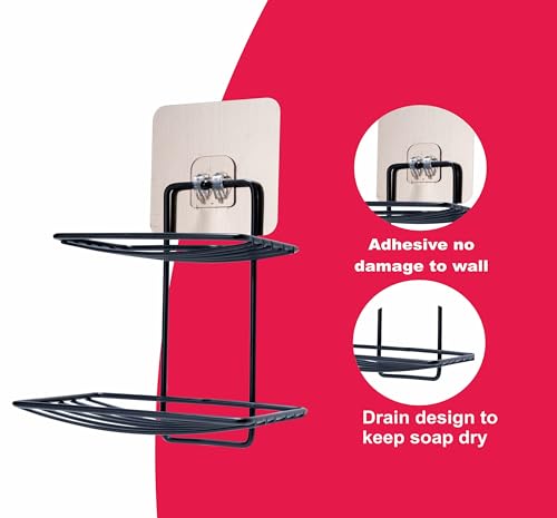Image of Boniry Wall Mounted Double Layer soap Dish Holder Stainless Steel Wall Hanging Soap Storage Rack for Kitchen Bathroom-with Self Adhesive Magic Sticker (Black)