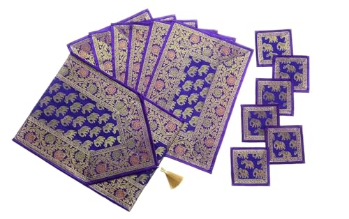 Image of Diwali Room Decor Silk Table Runner Placemats Tea Coaster Set for Living Room 4 to 6 Seater Dinning Table Table Mat Set Centre Table Top Decor Pack of 13 Pcs (Purple)