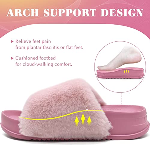 Kuailu Womens Slides Soft Cushion Faux Fur Sandals For Women Open Toe House Slipper With Arch Support Ladies Slip On Fuzzy Platform Slipper Indoor Outdoor,Pink Size 6 #TOP5